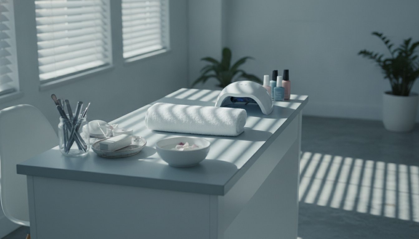 A manicure station set with tools, a folded towel and a curing lamp under morning light through blinds