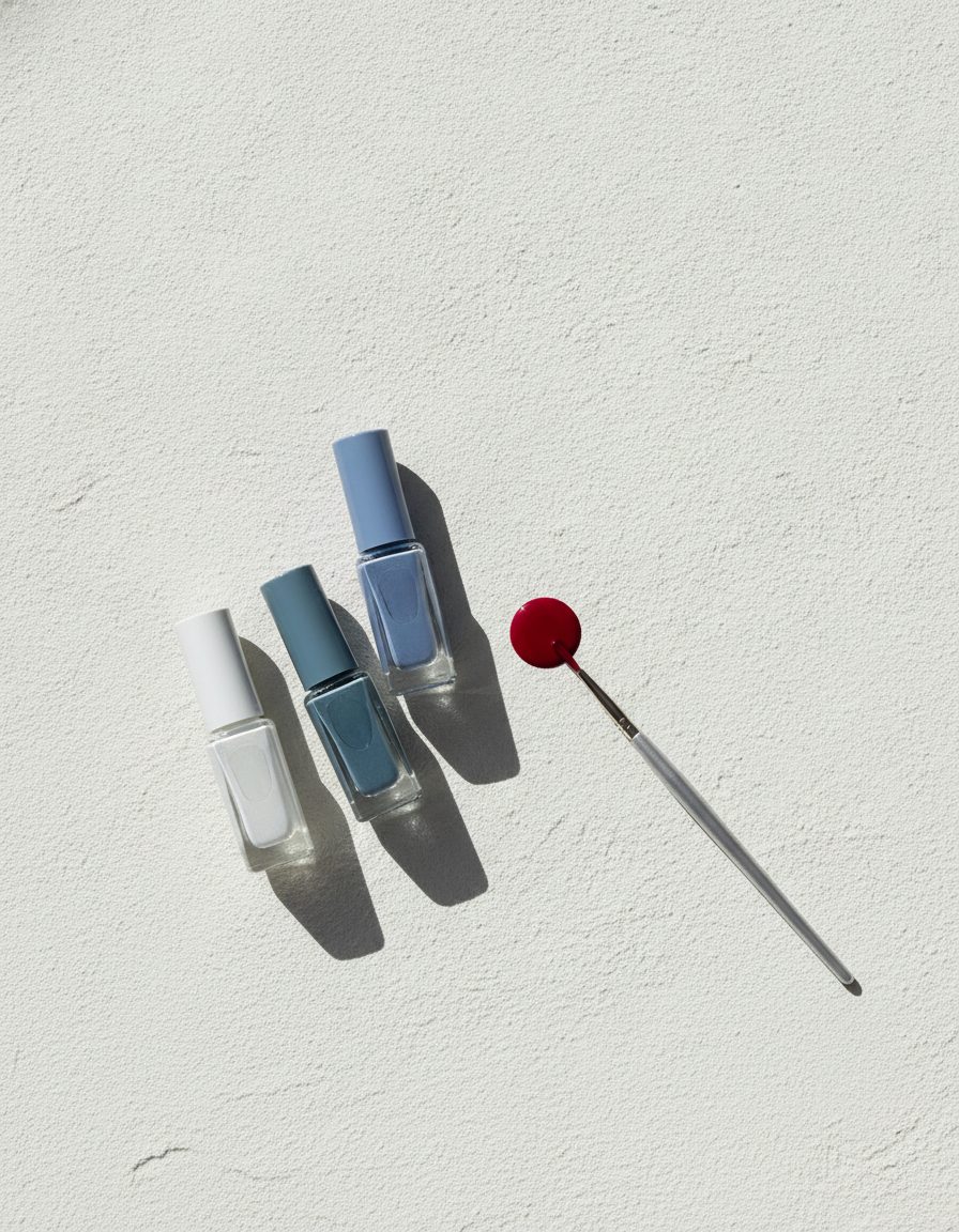 Three unlabelled polish bottles and a fine brush loaded with red lacquer on a pale plaster surface