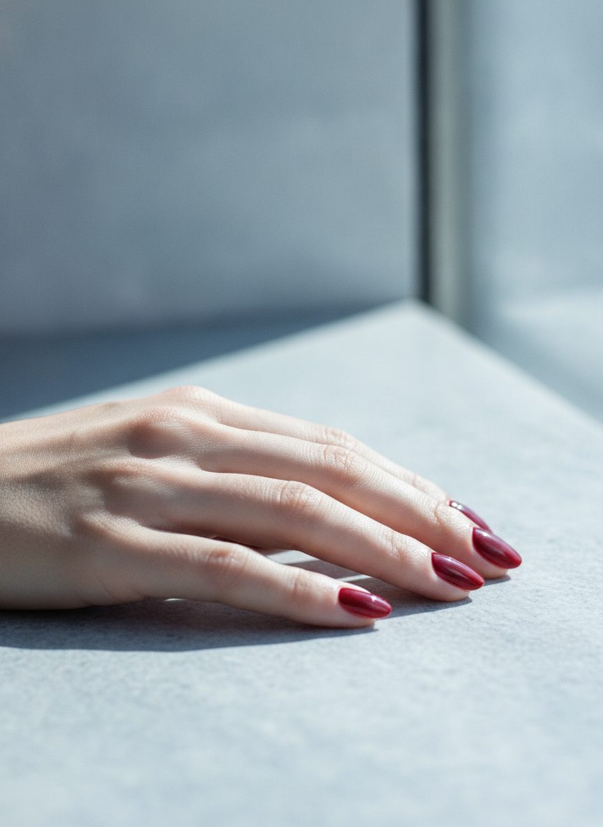 A hand resting on a pale stone counter, nails shaped almond and finished in a deep red lacquer