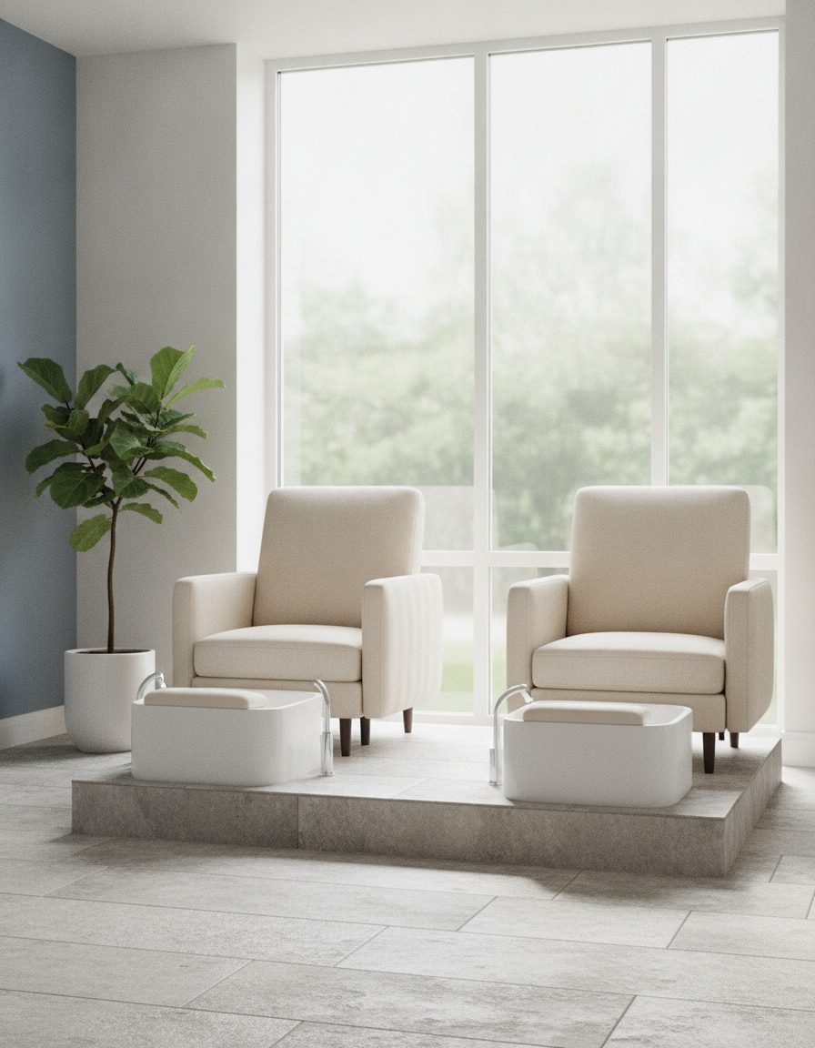 A quiet pedicure corner with two pale chairs beside a tall sunlit window